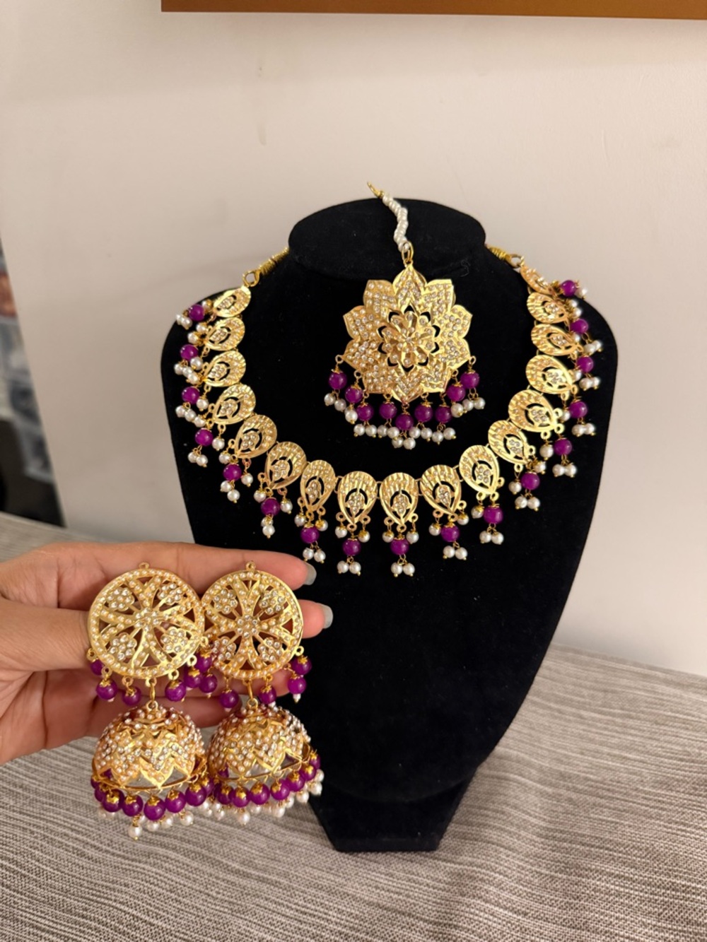 Gold and Magenta Traditional Jadau Necklace Set with Jhumka Earrings